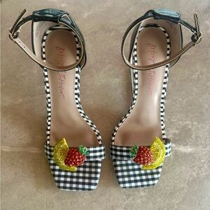 Betsey Johnson Black Gingham Ankle-Strap Sandals with Beaded Fruit